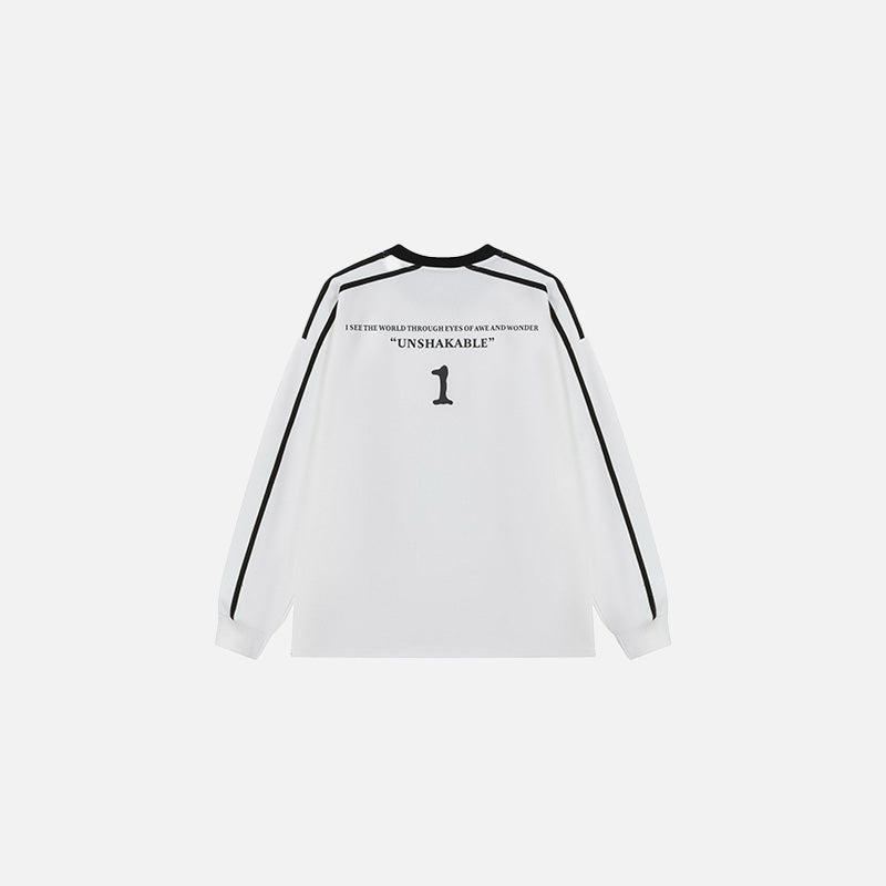 Back view of the white Iconic Insignia Sweater in a gray background