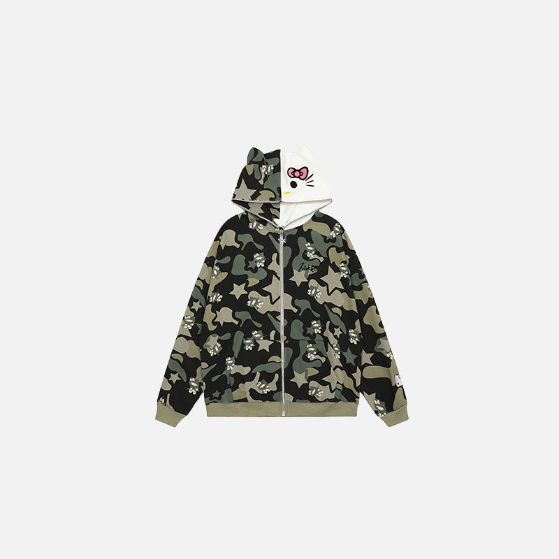 Front view of the green Iconic Character Camo Hoodie in a gray background