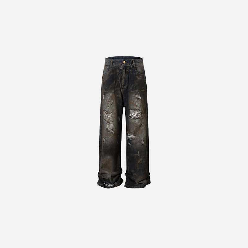 Front View of the black Waxed Distressed Denim Jeans in a gray background