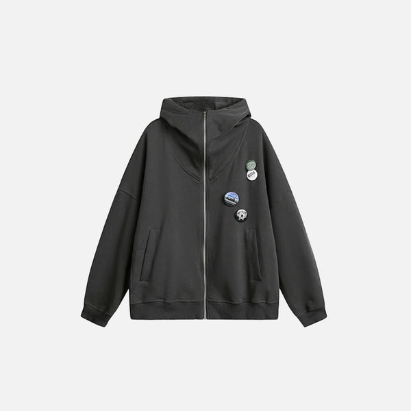 Front view of the dark grey Loose Sports Zip-Up Hoodie in a gray background