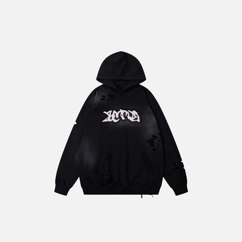 Front view of the black Rebel Vibes Hoodie in a gray background 