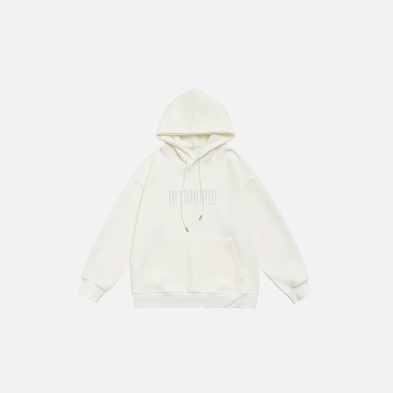 Front view of the beige Solid Color Embroidered Hoodie in a gray background