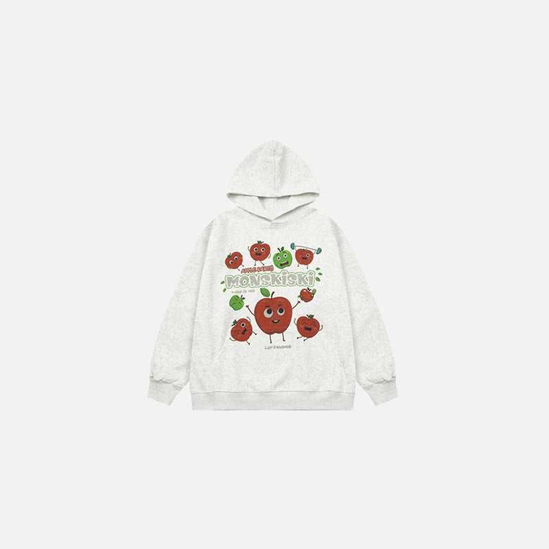Front view of the grey Cheerful Fruit Hoodie in a gray background