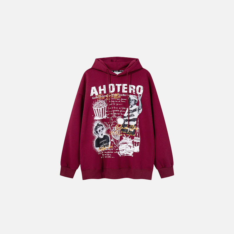 Front view of the red AHOTERO Retro Art Hoodie in a gray background