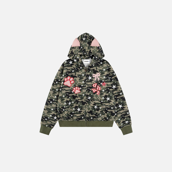 Cooles Camouflage-Kapuzen-Sweatshirt mit rosa Ohrenstickerei