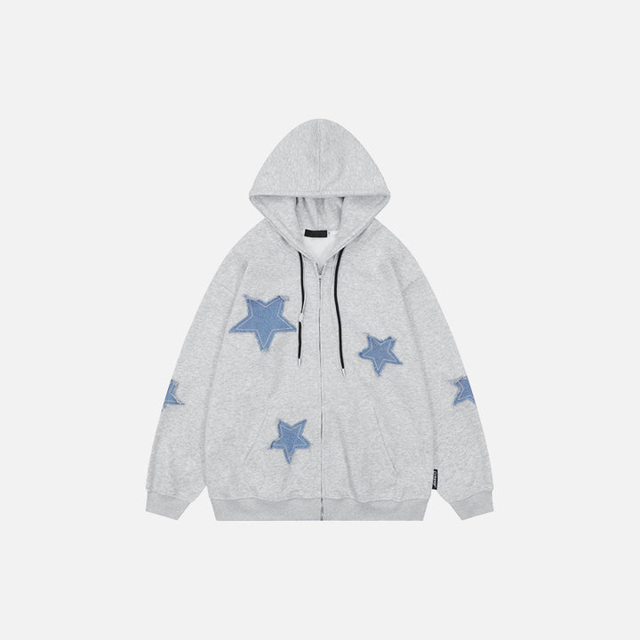 front view of the gray Star Patches Cotton Zip-up Hoodie