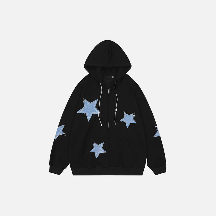 front view of the black Star Patches Cotton Zip-up Hoodie in a gray background