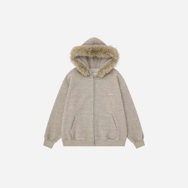 European Style Striped Loose Faux Fur Hooded Sweatshirt