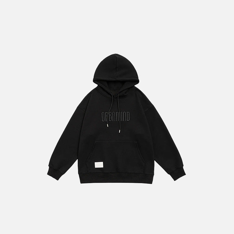 Front view of the black Solid Color Embroidered Hoodie in a gray background