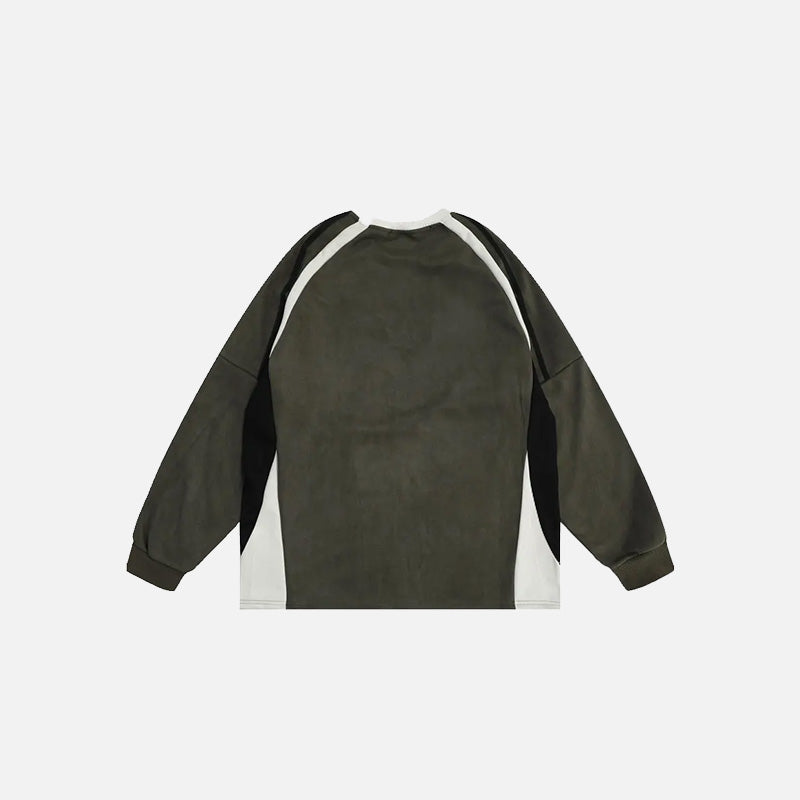 Back view of the green Retro Embroidery Patchwork Sweatshirt in a gray background