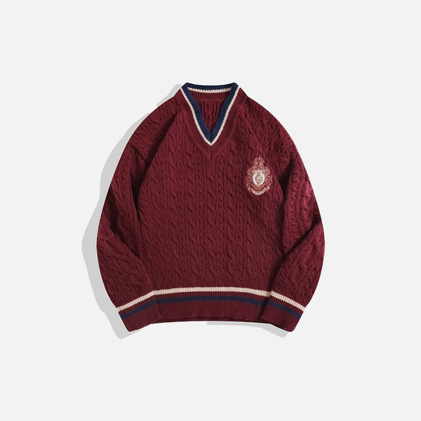 Premium Retro College Style V-Neck Collar Sweater