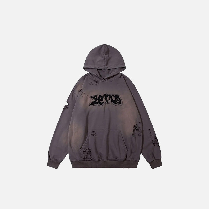 Front view of the purple Rebel Vibes Hoodie in a gray background 