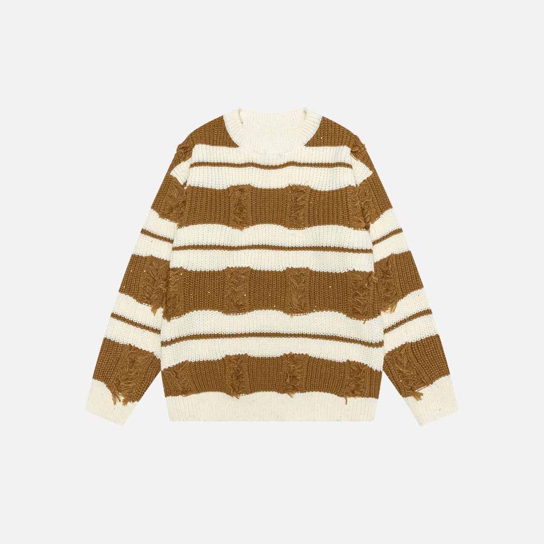 Contrast Color Stripe Ripped Crochet Crewneck Sweater – DAXUEN