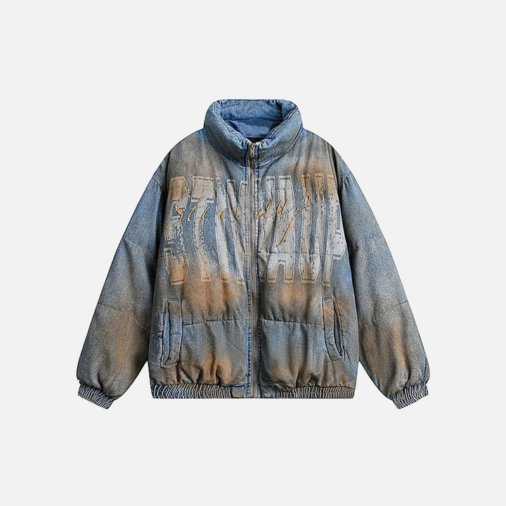 Front view of Vintage Washed Dye Denim Jacket in a gray background