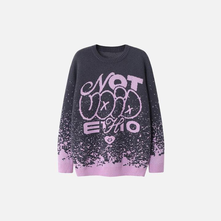 A front view of the purple Y2K Sesame Jacquard Sweater in a gray background