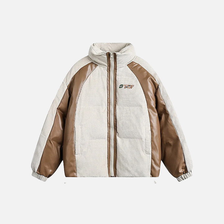 Front view of the beige Corduroy Patchwork Padded Retro Puffer Jacket in a gray background