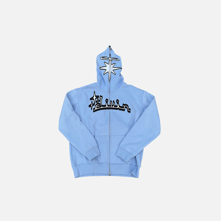 A front view of the sky blue Y2K Full Zip Hoodies