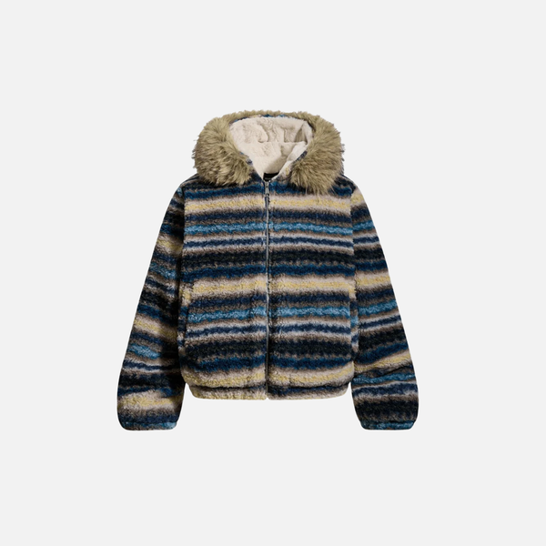 Chic Fair Isle Sherpa Faux Fur Hooded Jacket