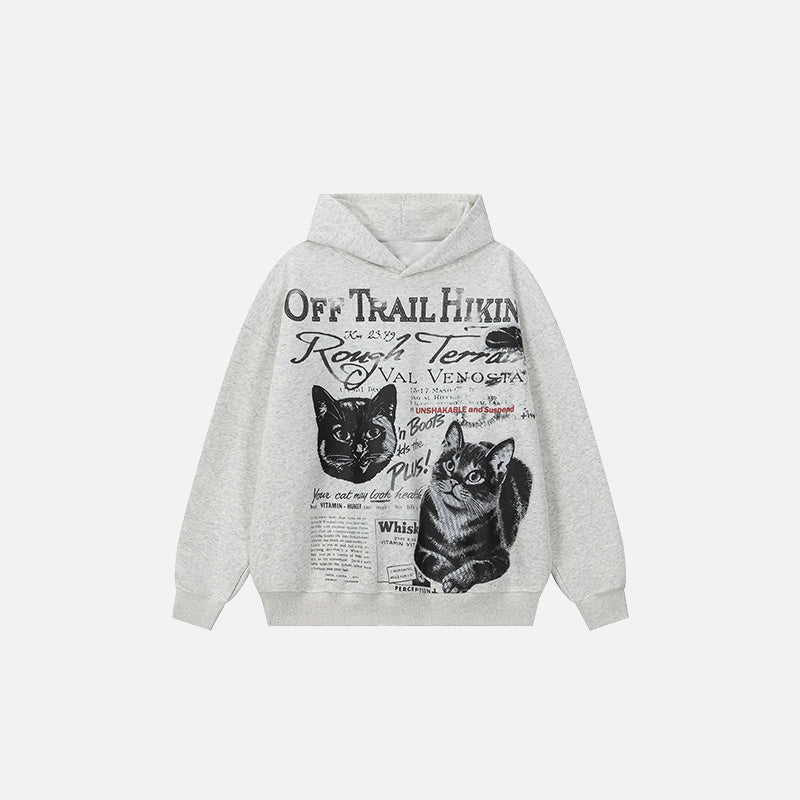 Front view of the gray Rugged Trails Cat Hoodie in a gray background