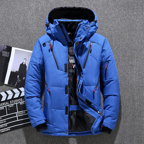 Front view of the blue Zipper Spliced Puffer Jacket