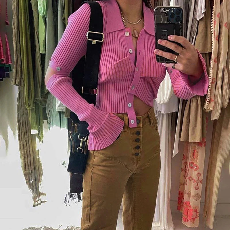 Model wearing the rose red Timeless Knitwear Sweater