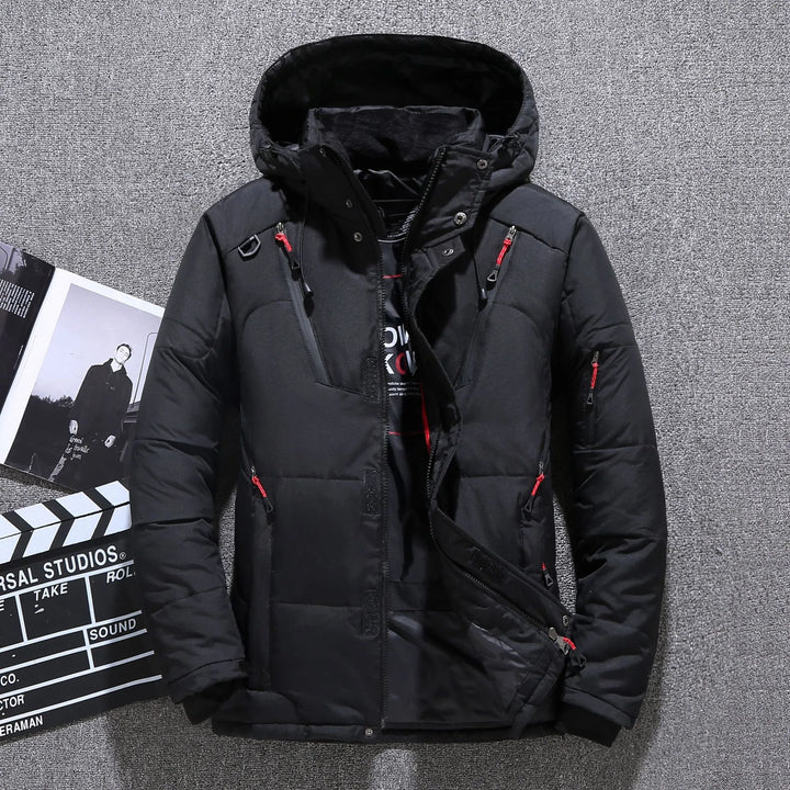 Front view of the black Zipper Spliced Puffer Jacket