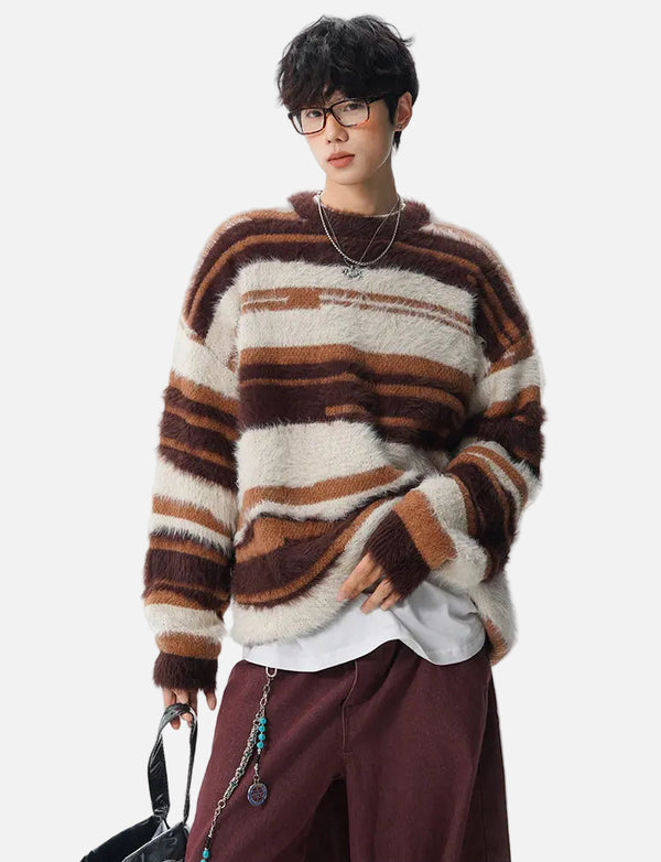 Streetwear Cozy fuzzy Striped Knit Sweater