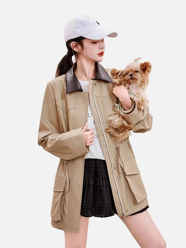 Mid-Length Drawstring Waist Faux Leather Coat