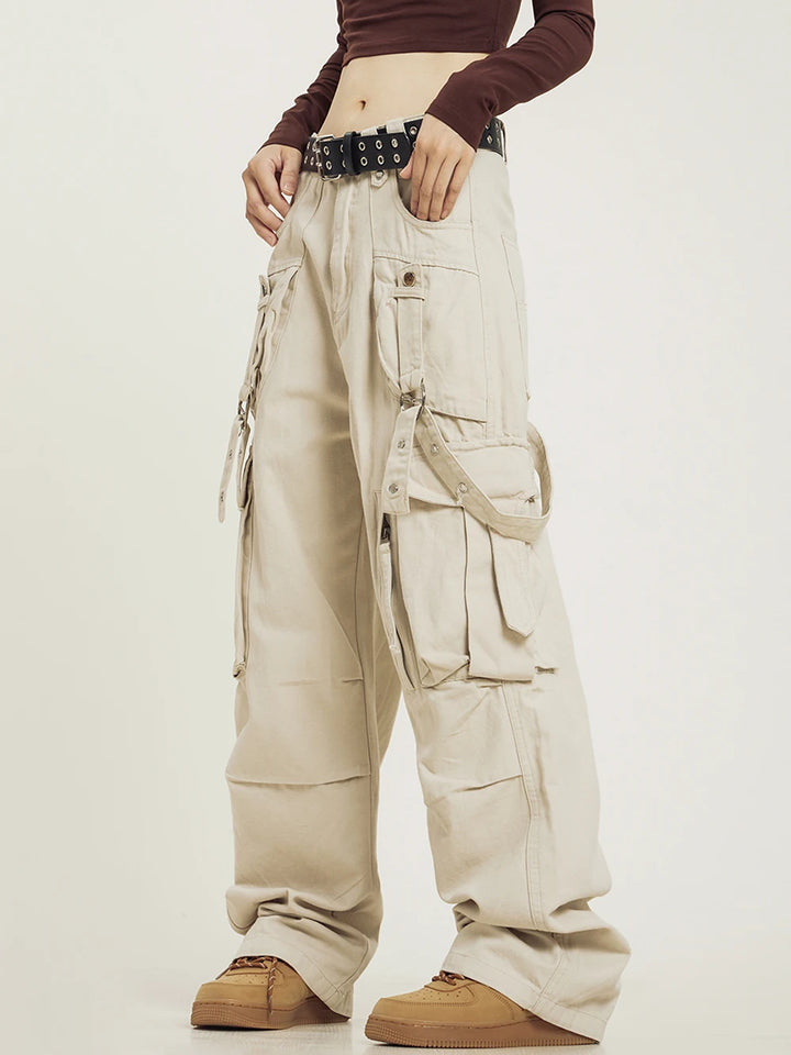 Model wearing the beige Y2k Vintage Spliced Designer Cargo Pants