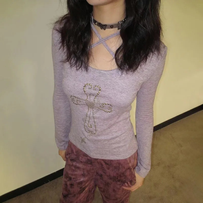 Model wearing the purple Criss-Cross Back Bell Sleeve T-Shirt