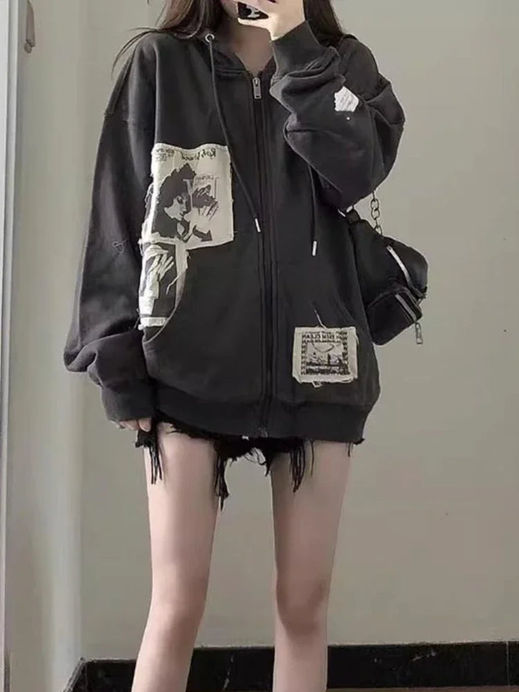 Model wearing the black Geometric Pattern Zip-Up Sweatshirt