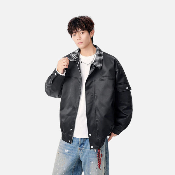 Warm Contrast Plaid Collar Button Up Leather Jacket