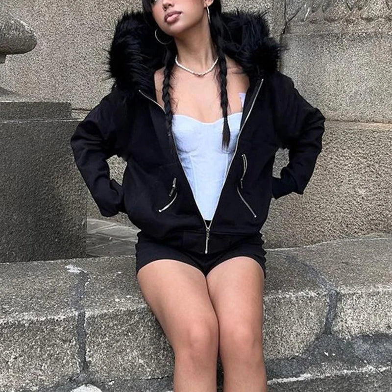Model wearing the black Fur-Hooded Arctic Jacket