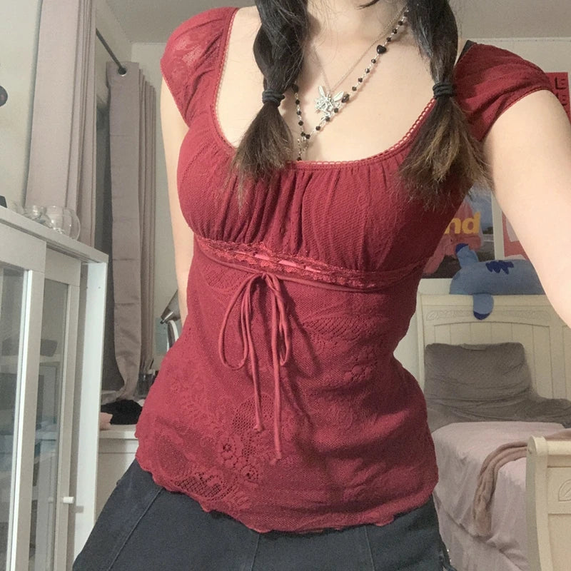 Model wearing the red Modern Square Neck T-Shirt