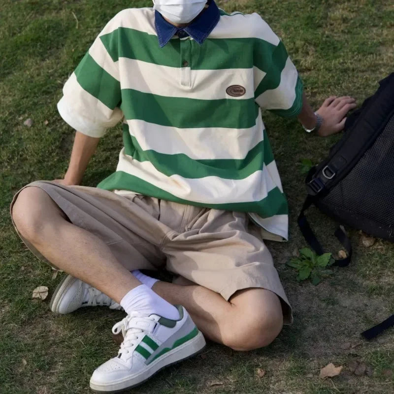 Model wearing the green Loose Retro Polo T-shirt