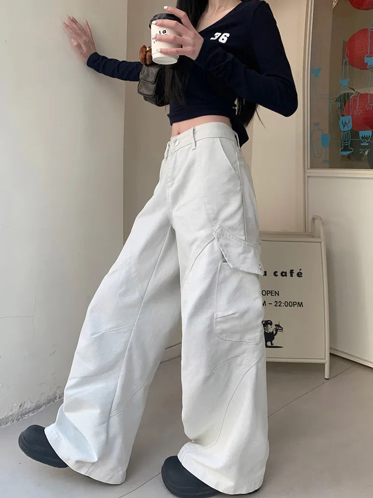 Model wearing the white Modern Wide-Leg Cargo Pants