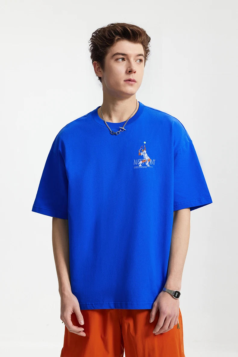Model waring the blue Margaret Graphic T-Shirt