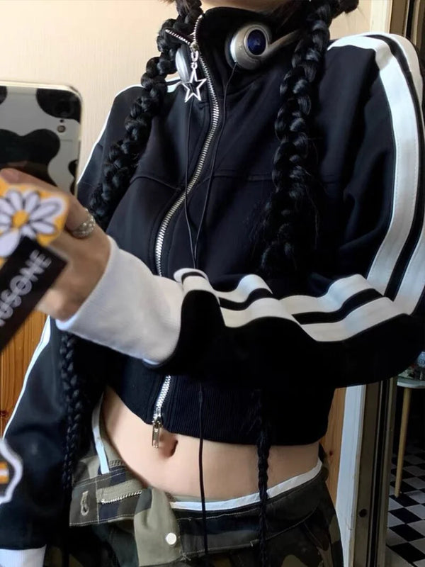 Vintage Korean Style Striped Zip-Up Crop Sweatshirt