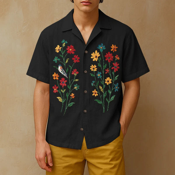 Flower Embroidered Lapel Casual Short Sleeve Shirt