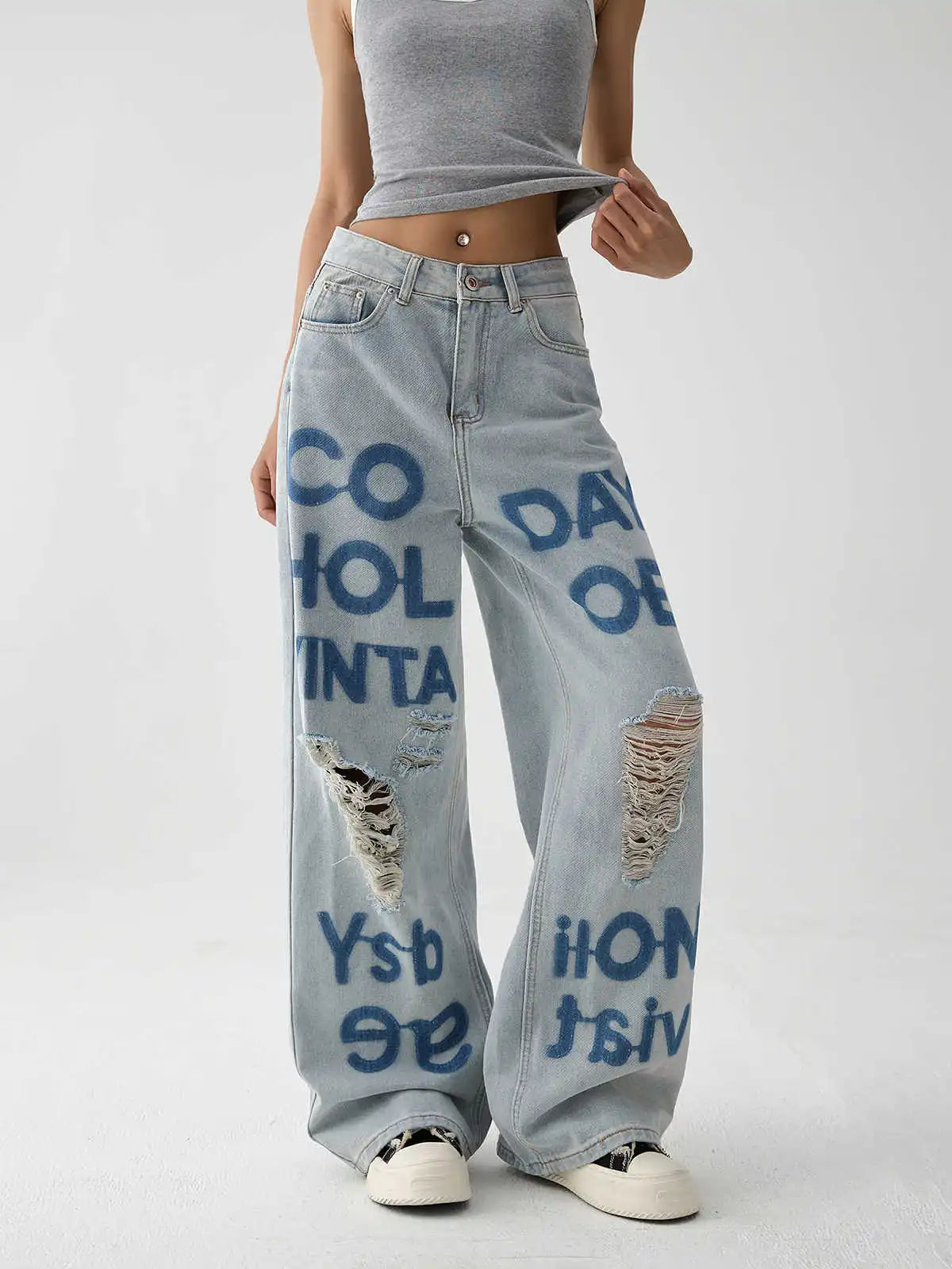 American Style Oversize Ripped Printed Blue Denim Jeans – DAXUEN