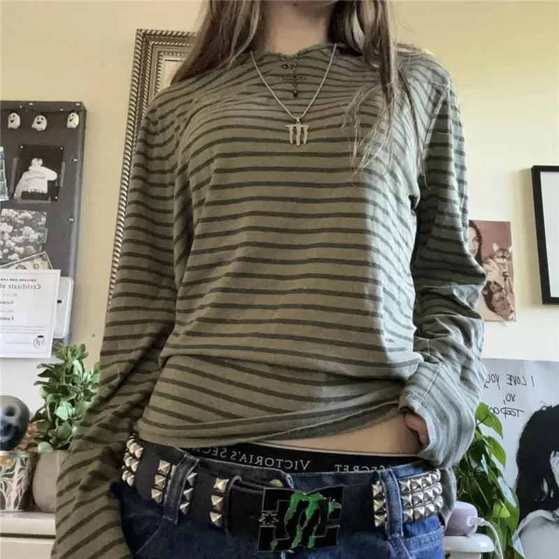 Model wearing the green Striped Long Sleeve T-Shirt