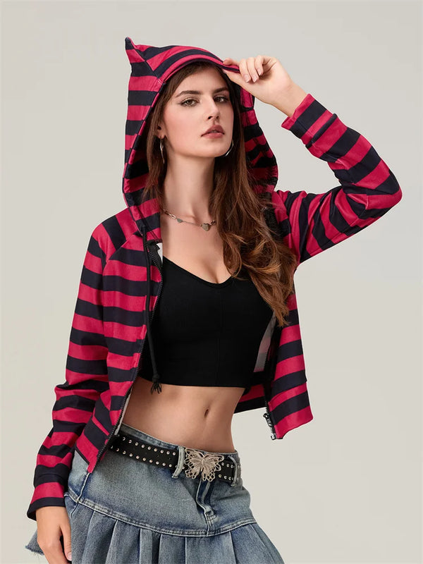 Easy Match gestreiftes Kapuzensweatshirt mit Reißverschluss