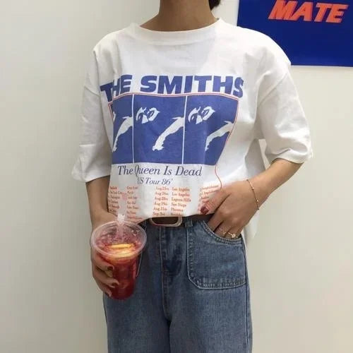 Model wearing the white The Smiths US Tour '86 Tribute T-Shirt