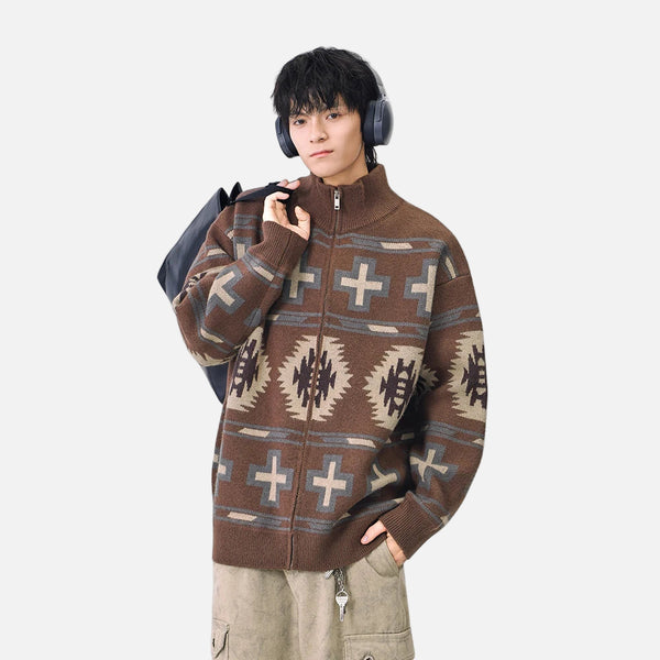 Geometric Pattern Casual Full Zip Cardigan