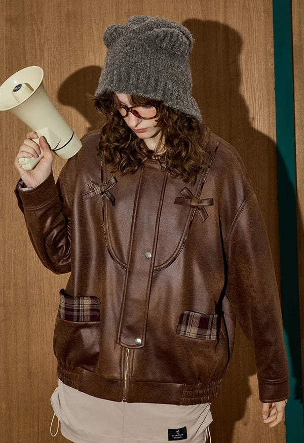 Retro Versatile Plaid Patchwork Leather Jacket