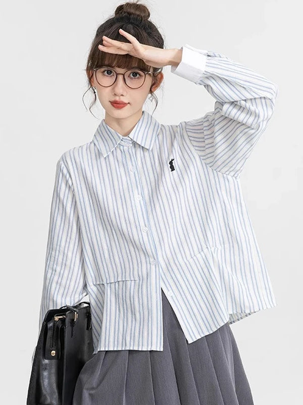Women Retro Sweet Preppy Style Striped Long Shirt