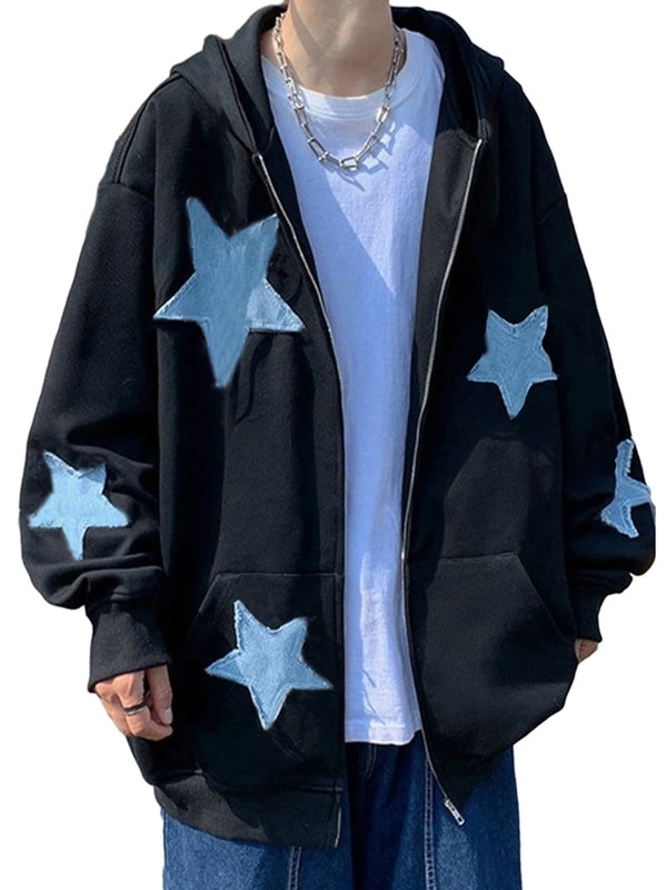 Streetwear Starry Zip Lässiges langes Kapuzenpullover