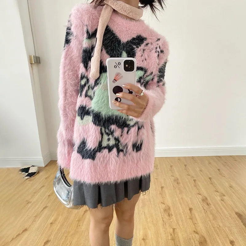 Model wearing the pink Soft Punk Oversized Sweater