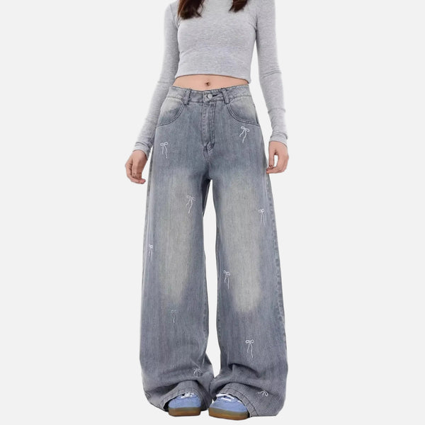 Embroidered Bow Loose Wide Leg Jeans