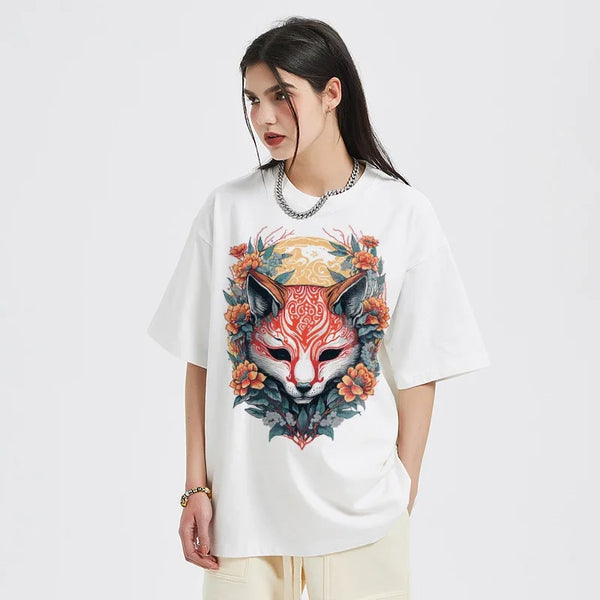 Camiseta de verano 2024 para hombre, ropa de calle con pintura de zorro, camiseta informal Unisex de algodón blanco, camisetas Y2K, ropa Hipster